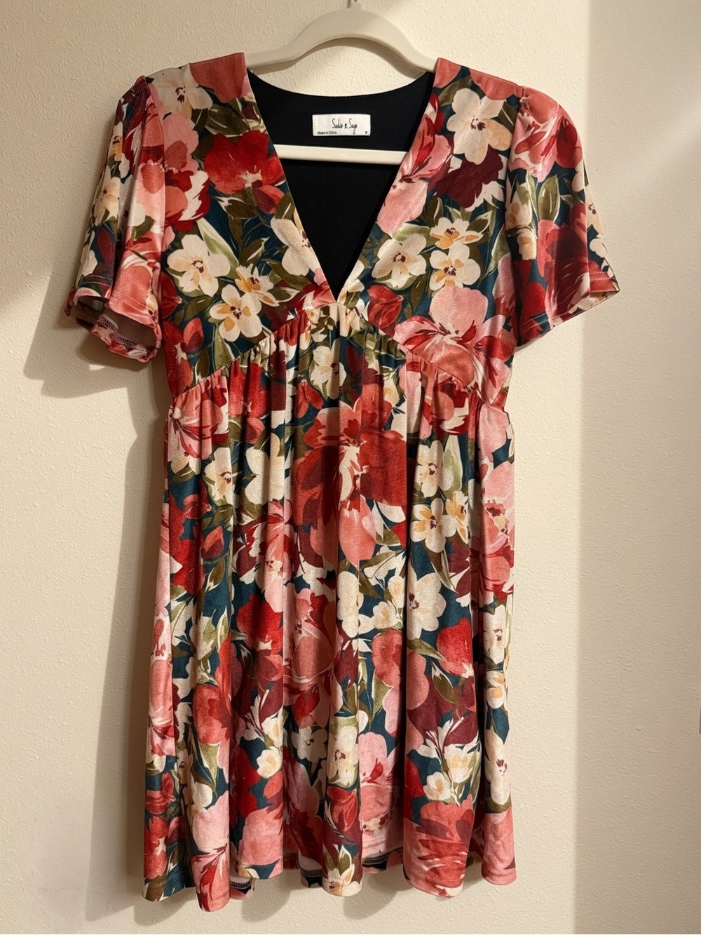 Sadie & Sage Women Velvet Floral Babydoll Mini Dress Size S Pink Boho Whimsigoth
